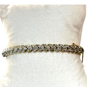 Vintage Gold-Tone Bangle Bracelet With Rhinestone Leaf Design & Chain Safety Cla